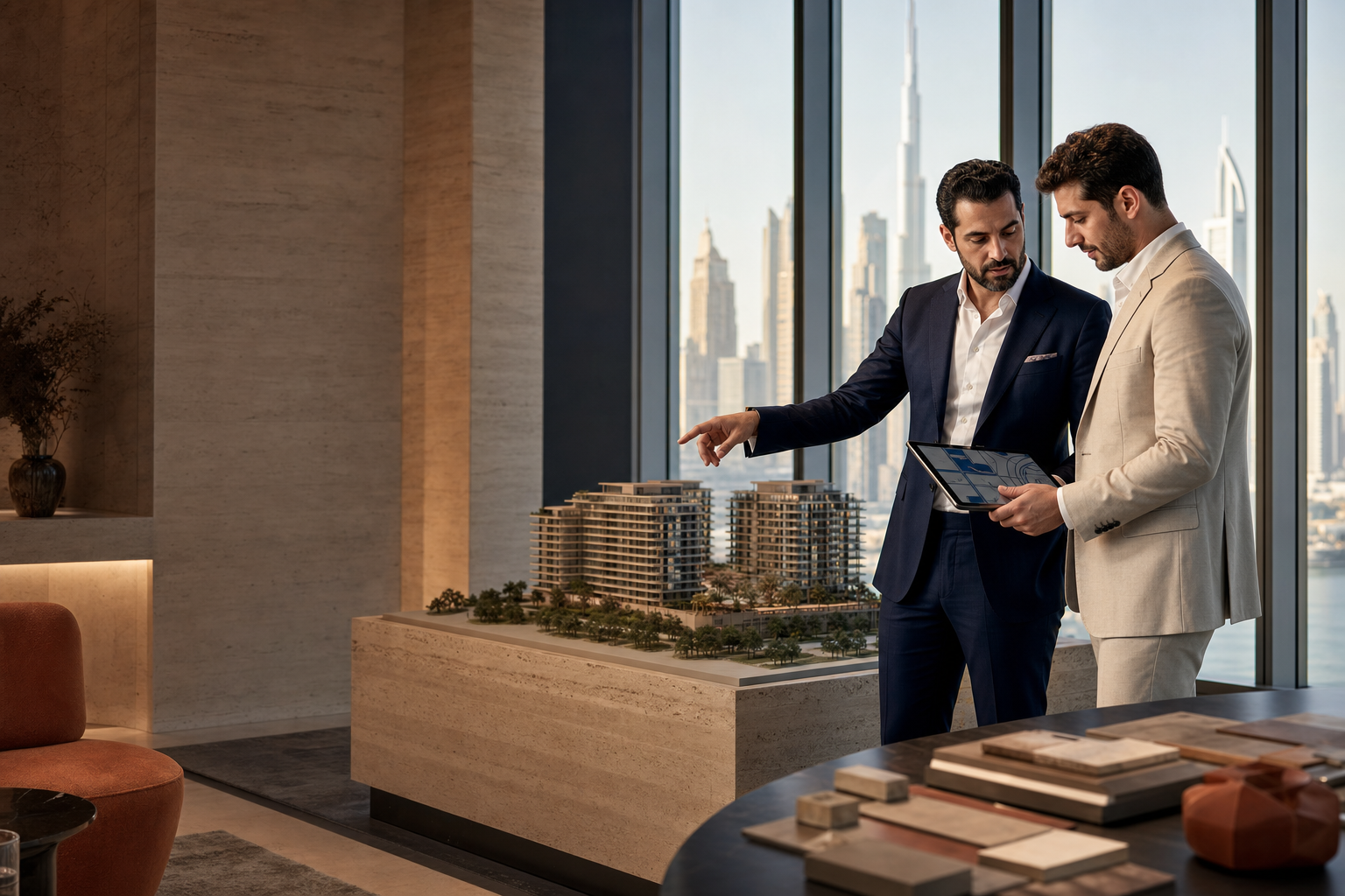 Two Dubai real estate leaders reviewing an off-plan development model