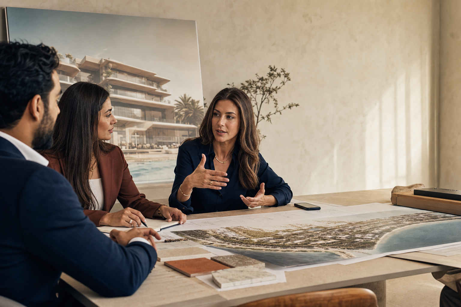 A Dubai off-plan team lead discussing a development with two colleagues