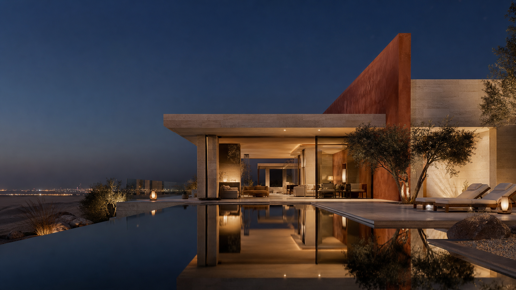 Contemporary Dubai residence with terracotta walls and a reflecting pool at dusk